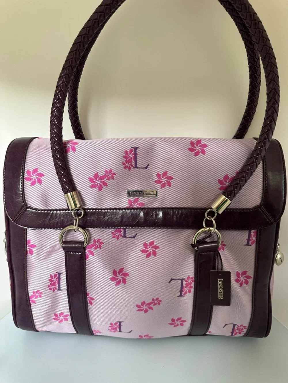 Lancaster NEW Pink Floral Satchel with Braided Handles